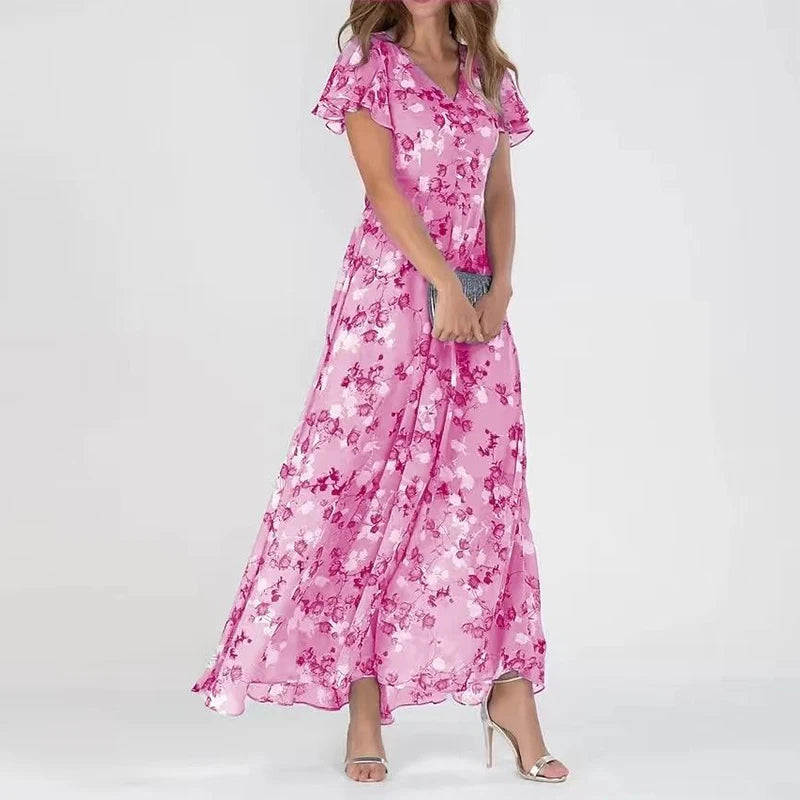 Floral summer dresses for women with V-neck and flutter sleeves