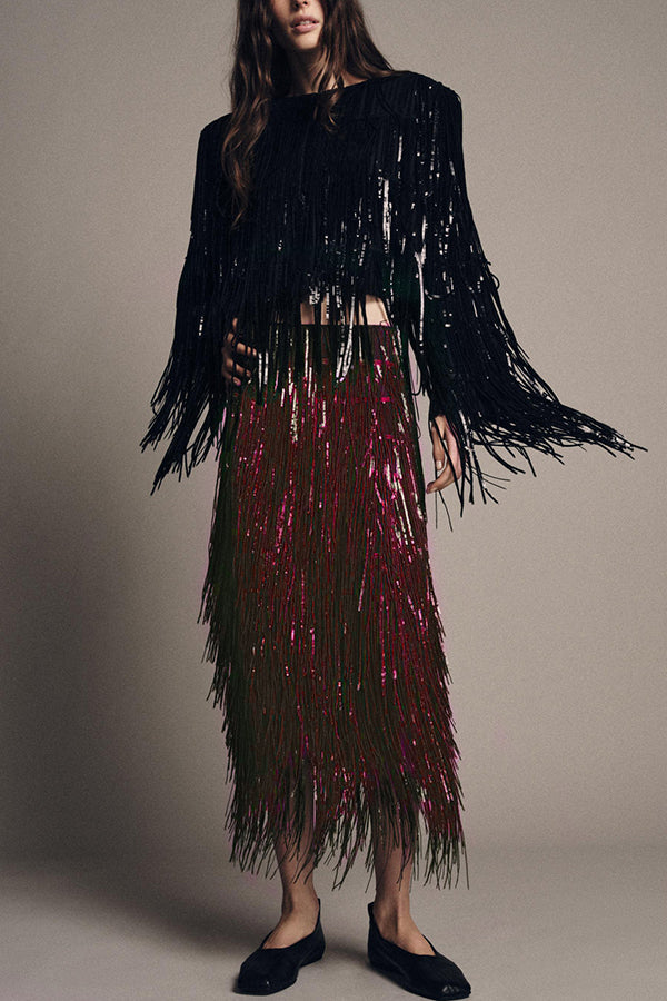 High waist layered sequin fringe midi skirt for women