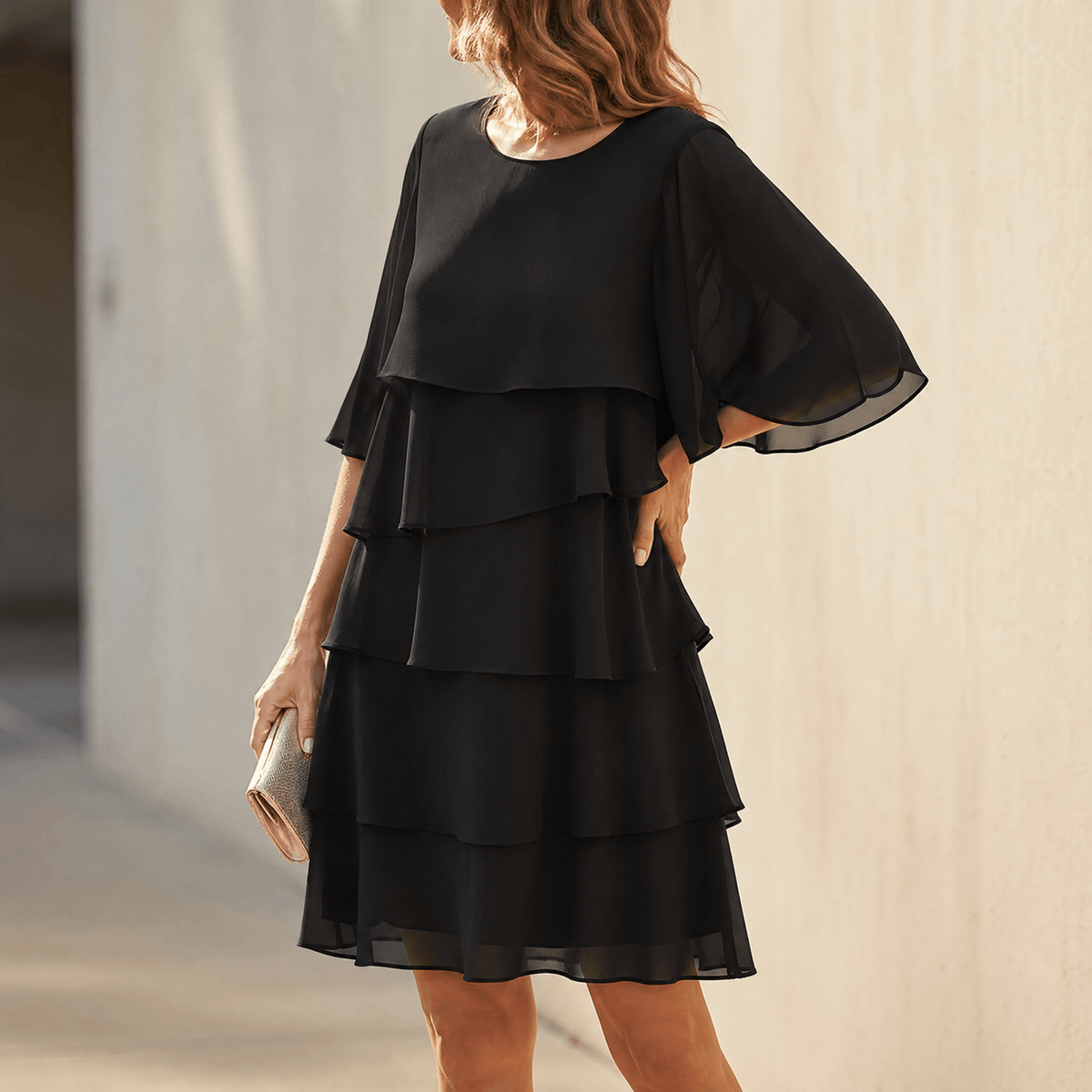 Tiered midi dress for women with flutter sleeves and round neck