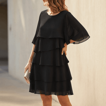 Tiered midi dress for women with flutter sleeves and round neck
