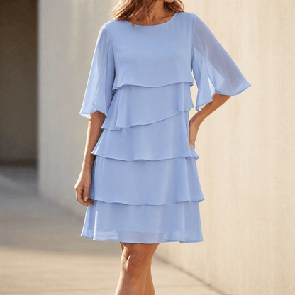 Tiered midi dress for women with flutter sleeves and round neck
