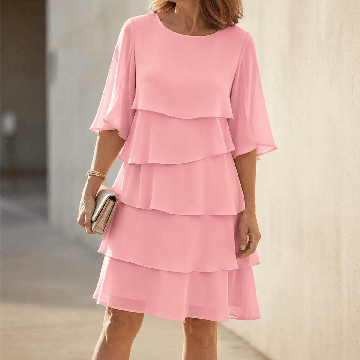 Tiered midi dress for women with flutter sleeves and round neck