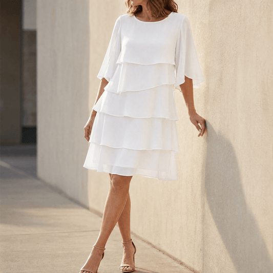 Tiered midi dress for women with flutter sleeves and round neck