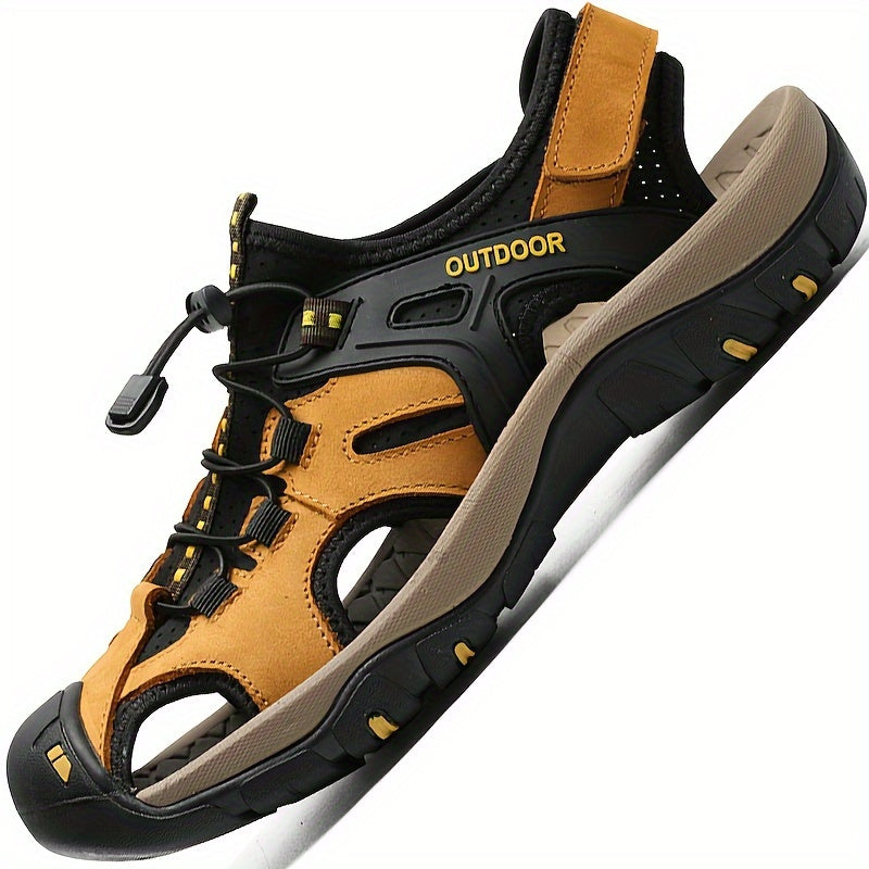 Men sandals with closed toe, toggle lacing and hook and loop heel strap for hiking
