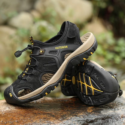 Men sandals with closed toe, toggle lacing and hook and loop heel strap for hiking