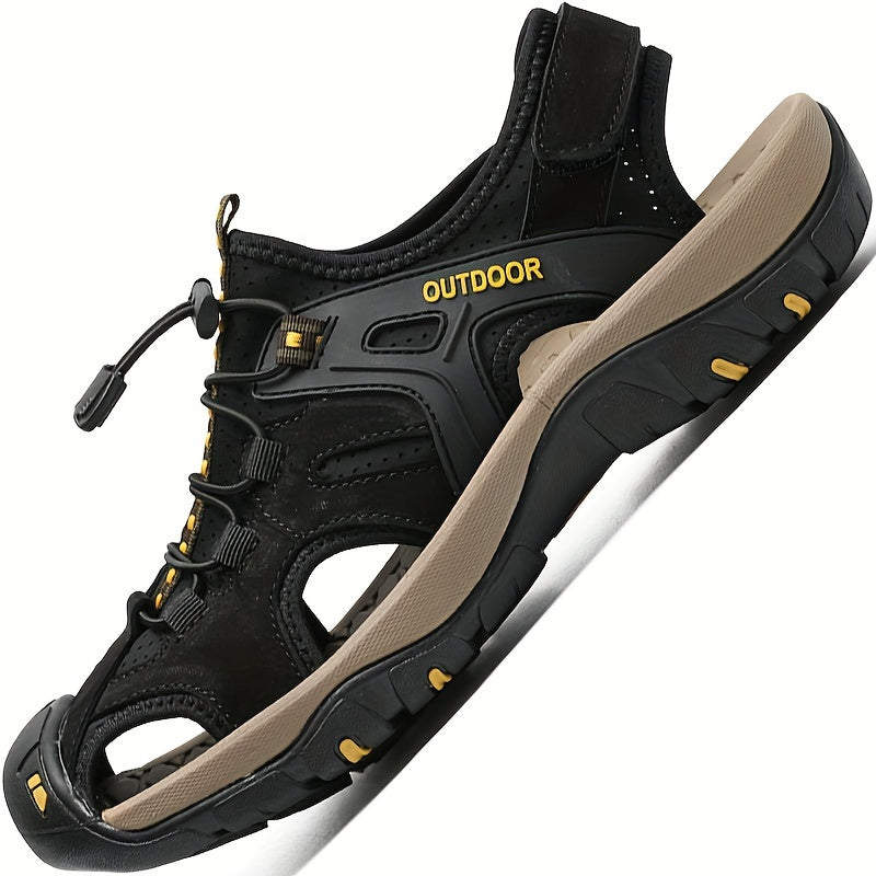 Men sandals with closed toe, toggle lacing and hook and loop heel strap for hiking