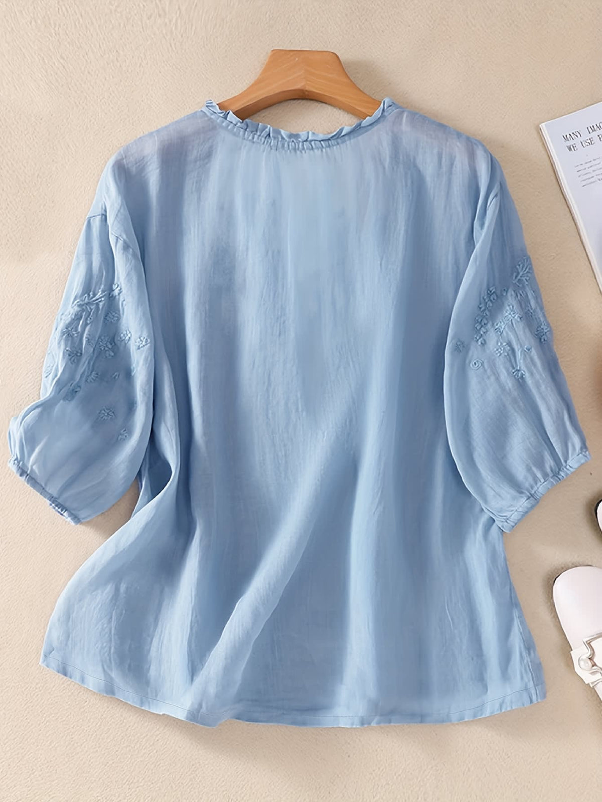 Embroidered blouse for women with ruffle neckline and half sleeves