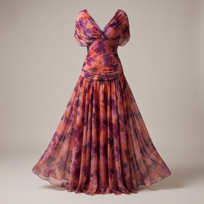 Formal dresses for women with V-neck and pleated waist, maxi length