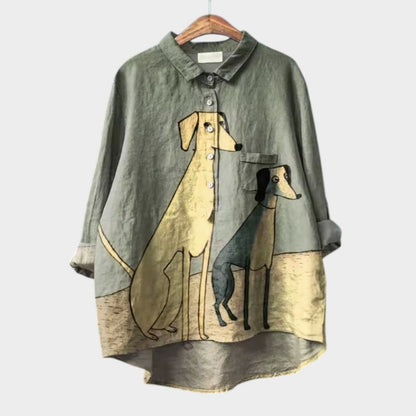 Blouse for women with dog print, long sleeve and half button placket
