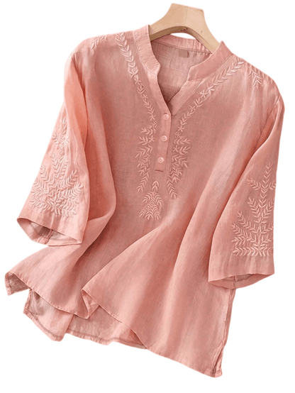 Blouse with embroidered V-neck and half sleeves for women