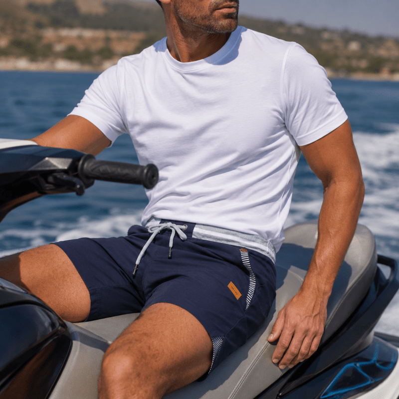 Mens shorts with elasticated drawstring waist and side pockets