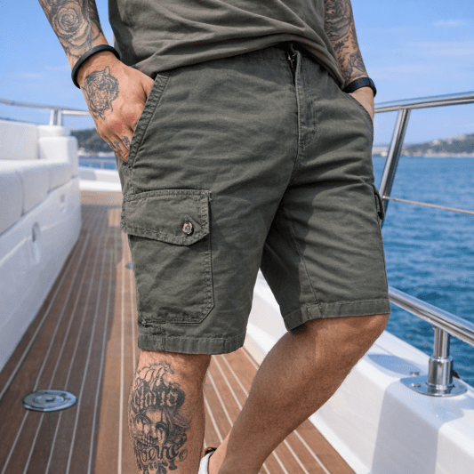 Mens shorts with knee-length cut, zip fly, belt loops and button cargo pockets