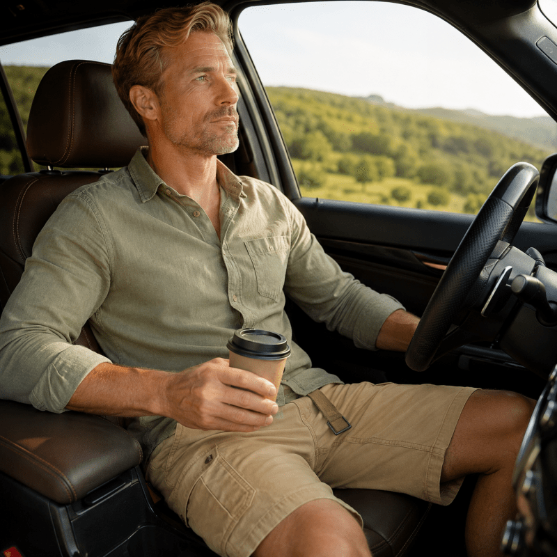 Mens shorts with knee-length cut, zip fly, belt loops and button cargo pockets