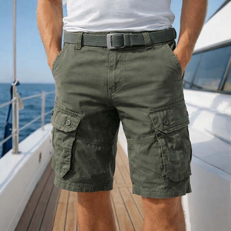 Mens shorts with knee-length cut, zip fly, belt loops and button cargo pockets