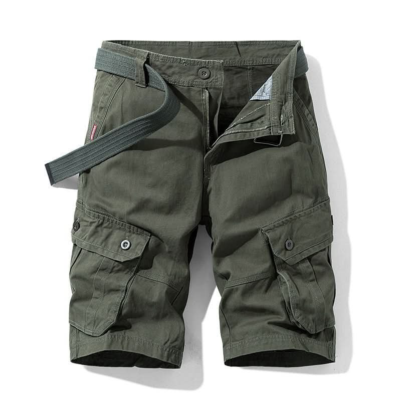 Mens shorts with knee-length cut, zip fly, belt loops and button cargo pockets