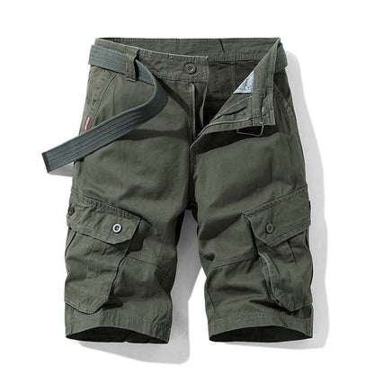 Mens shorts with knee-length cut, zip fly, belt loops and button cargo pockets