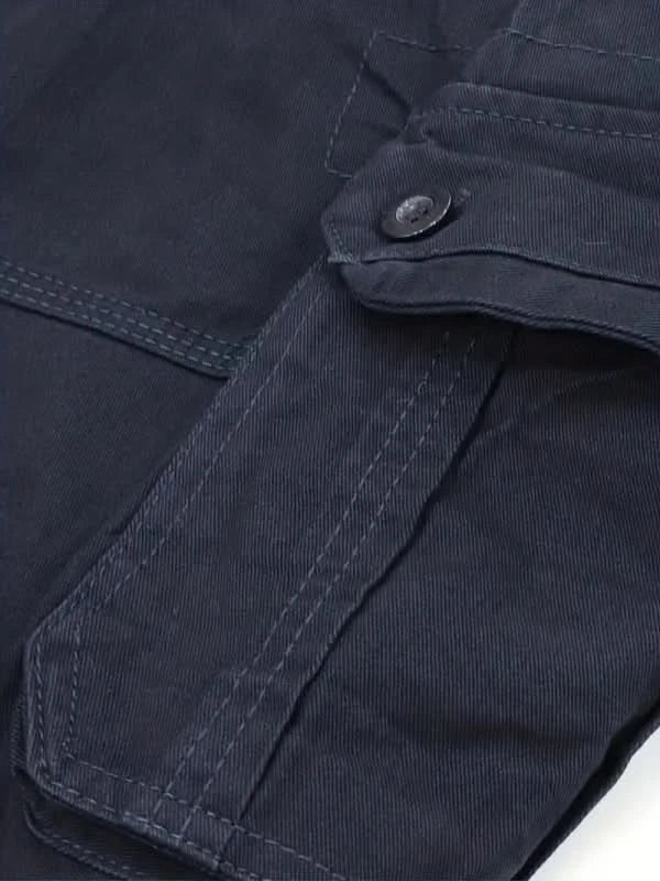 Mens shorts with knee-length cut, zip fly, belt loops and button cargo pockets