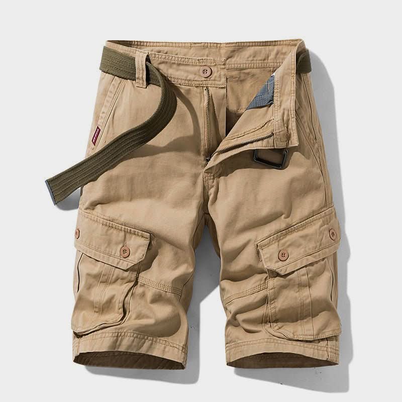 Mens shorts with knee-length cut, zip fly, belt loops and button cargo pockets