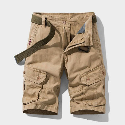 Mens shorts with knee-length cut, zip fly, belt loops and button cargo pockets