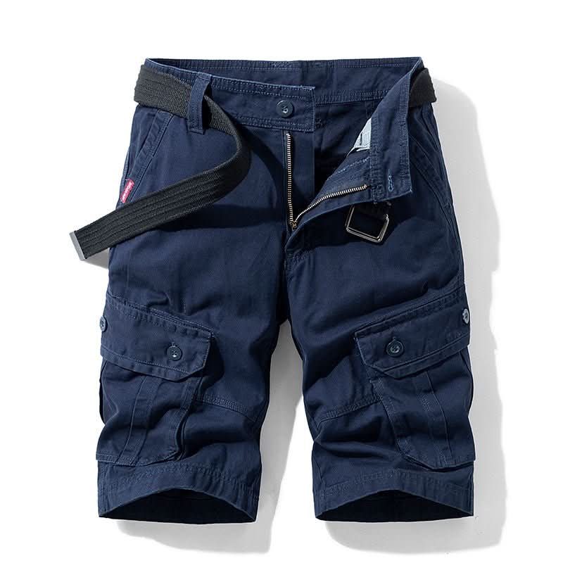 Mens shorts with knee-length cut, zip fly, belt loops and button cargo pockets