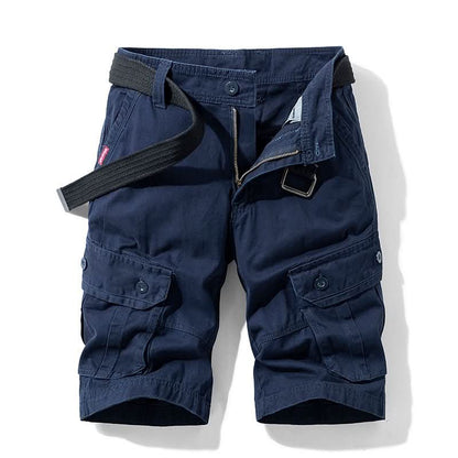 Mens shorts with knee-length cut, zip fly, belt loops and button cargo pockets