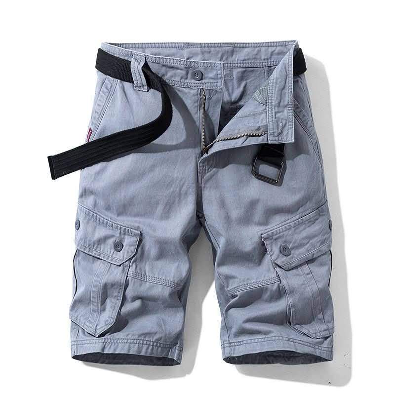 Mens shorts with knee-length cut, zip fly, belt loops and button cargo pockets
