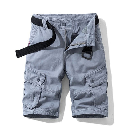 Mens shorts with knee-length cut, zip fly, belt loops and button cargo pockets