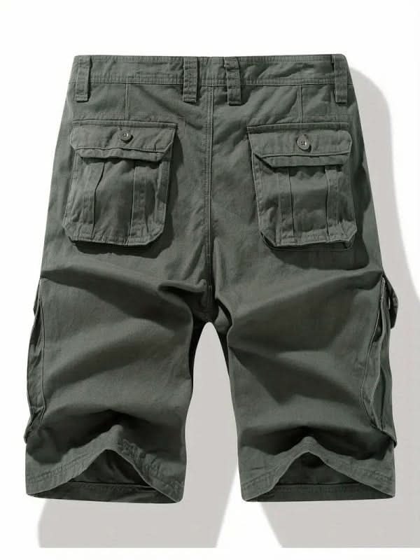 Mens shorts with knee-length cut, zip fly, belt loops and button cargo pockets