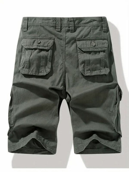 Mens shorts with knee-length cut, zip fly, belt loops and button cargo pockets
