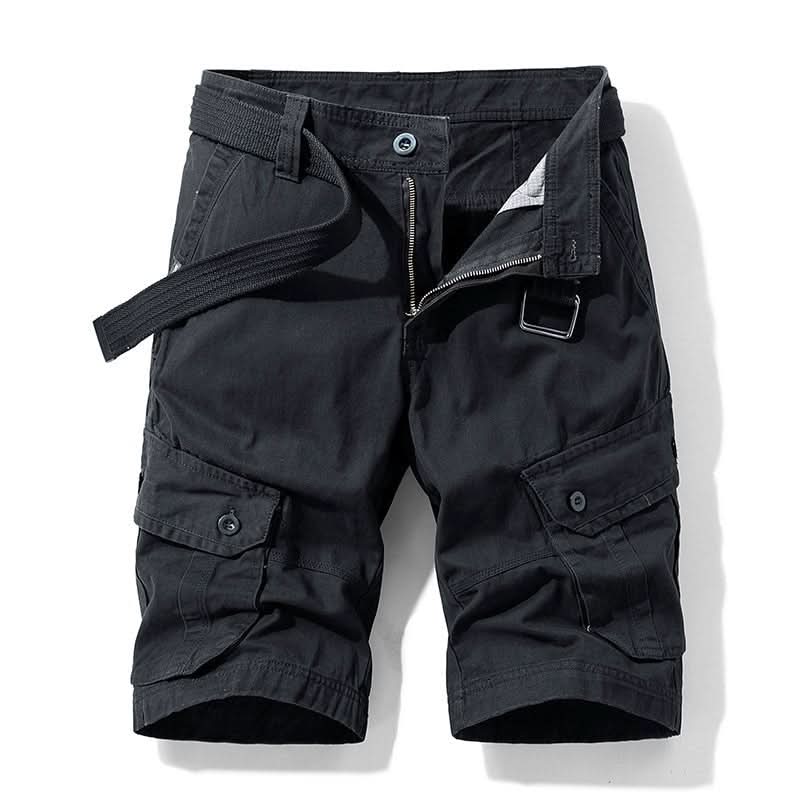 Mens shorts with knee-length cut, zip fly, belt loops and button cargo pockets