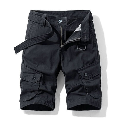 Mens shorts with knee-length cut, zip fly, belt loops and button cargo pockets