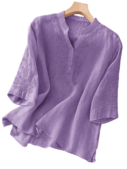 Blouse with embroidered V-neck and half sleeves for women