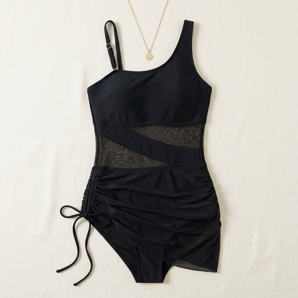One shoulder swimwear with mesh panel and ruched skirt for women