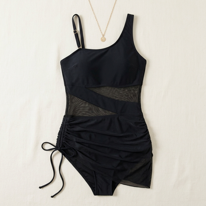 One shoulder swimwear with mesh panel and ruched skirt for women
