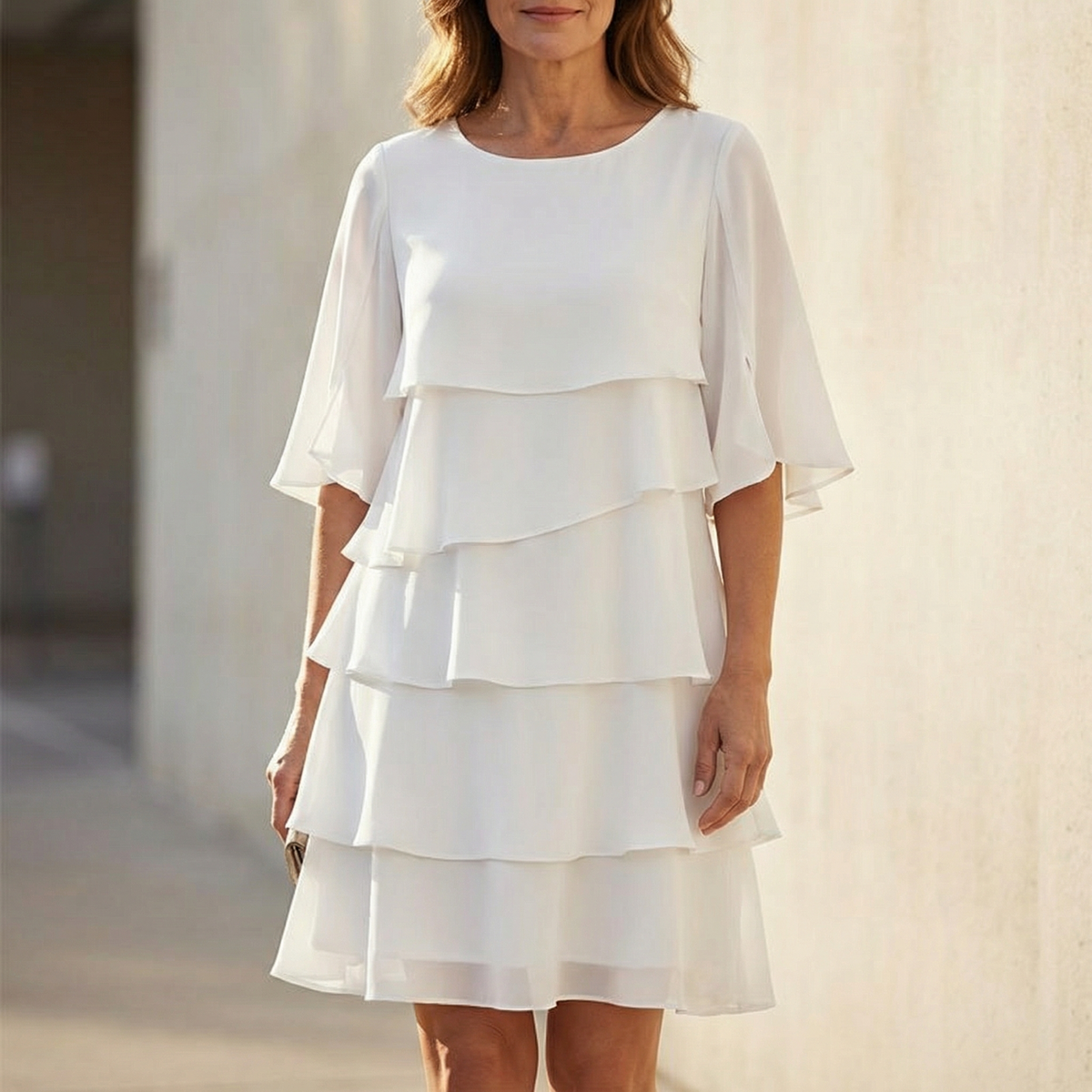 Tiered midi dress for women with flutter sleeves and round neck