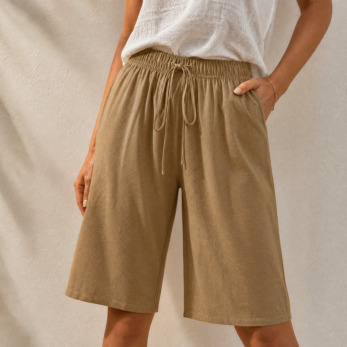 Womens shorts with wide leg and drawstring waist, knee length