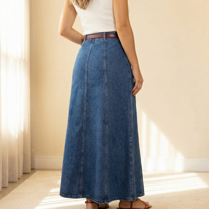 Denim maxi skirt with high waist and A-line shape for women
