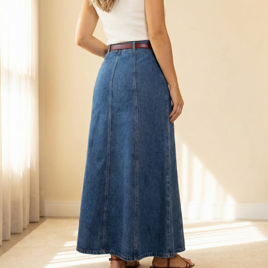 Denim maxi skirt with high waist and A-line shape for women