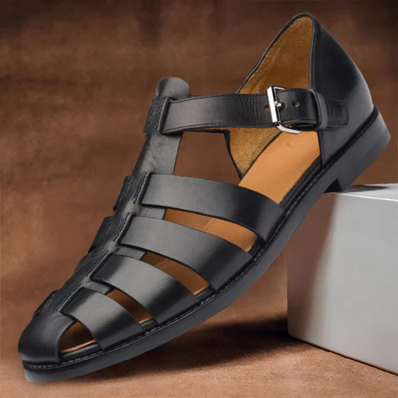 Men sandals fisherman design with closed toe, woven front straps and low stacked heel
