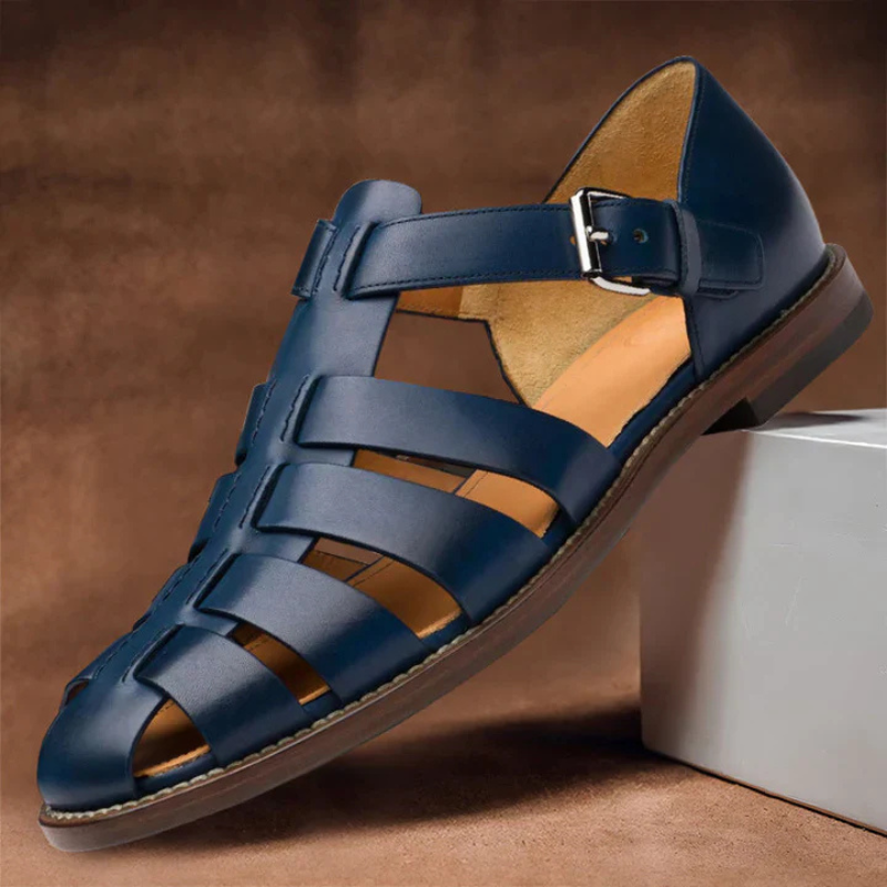 Men sandals fisherman design with closed toe, woven front straps and low stacked heel