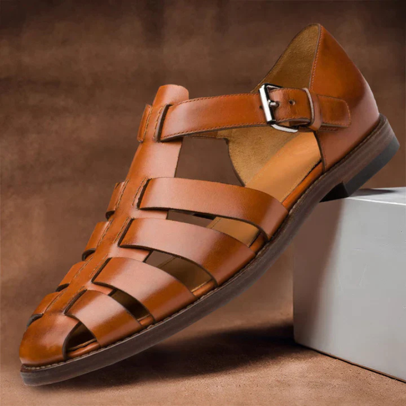 Men sandals fisherman design with closed toe, woven front straps and low stacked heel
