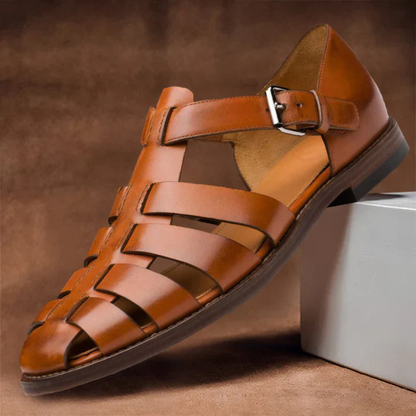 Men sandals fisherman design with closed toe, woven front straps and low stacked heel