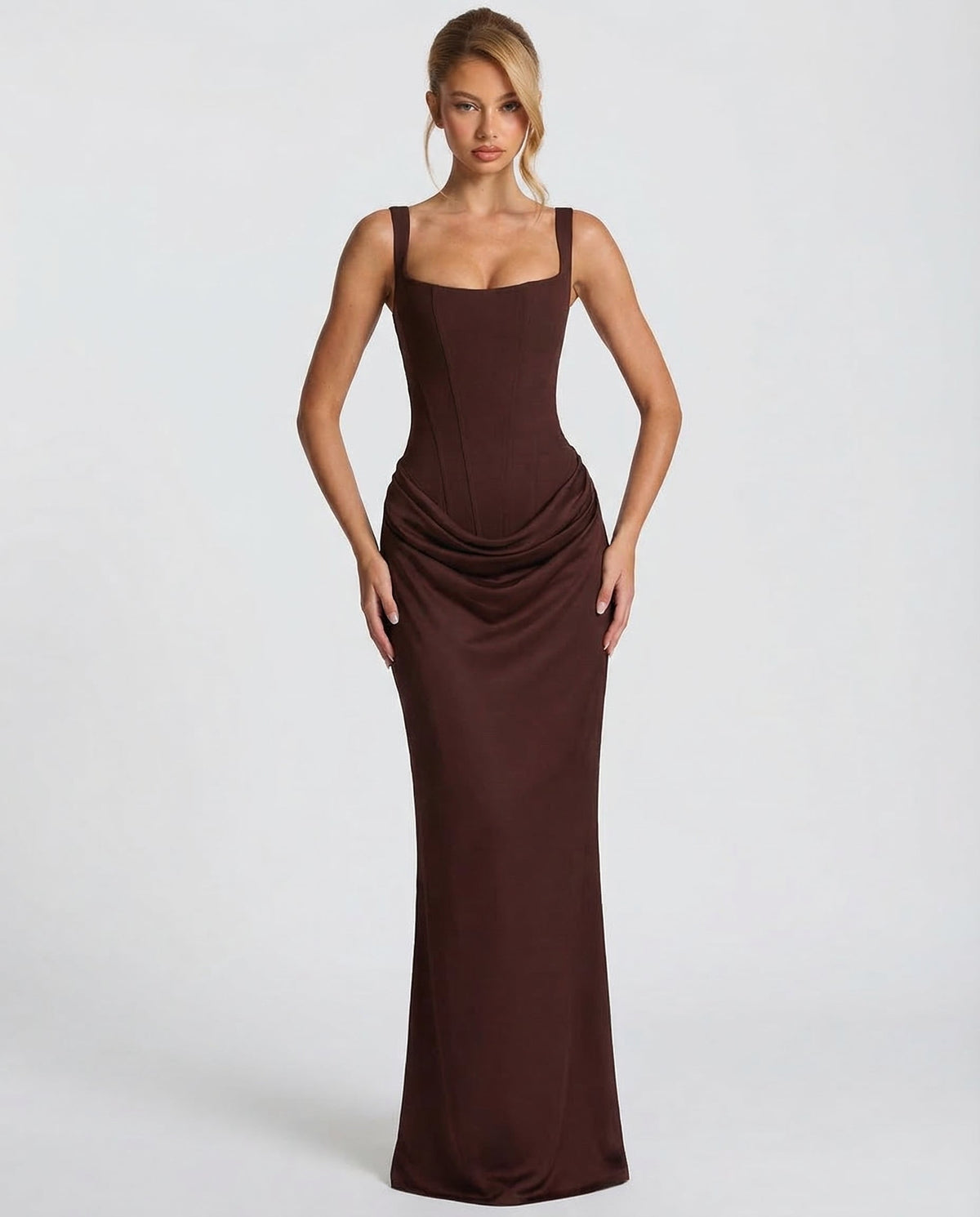 Formal dresses for women, square neck maxi dress with draped waist