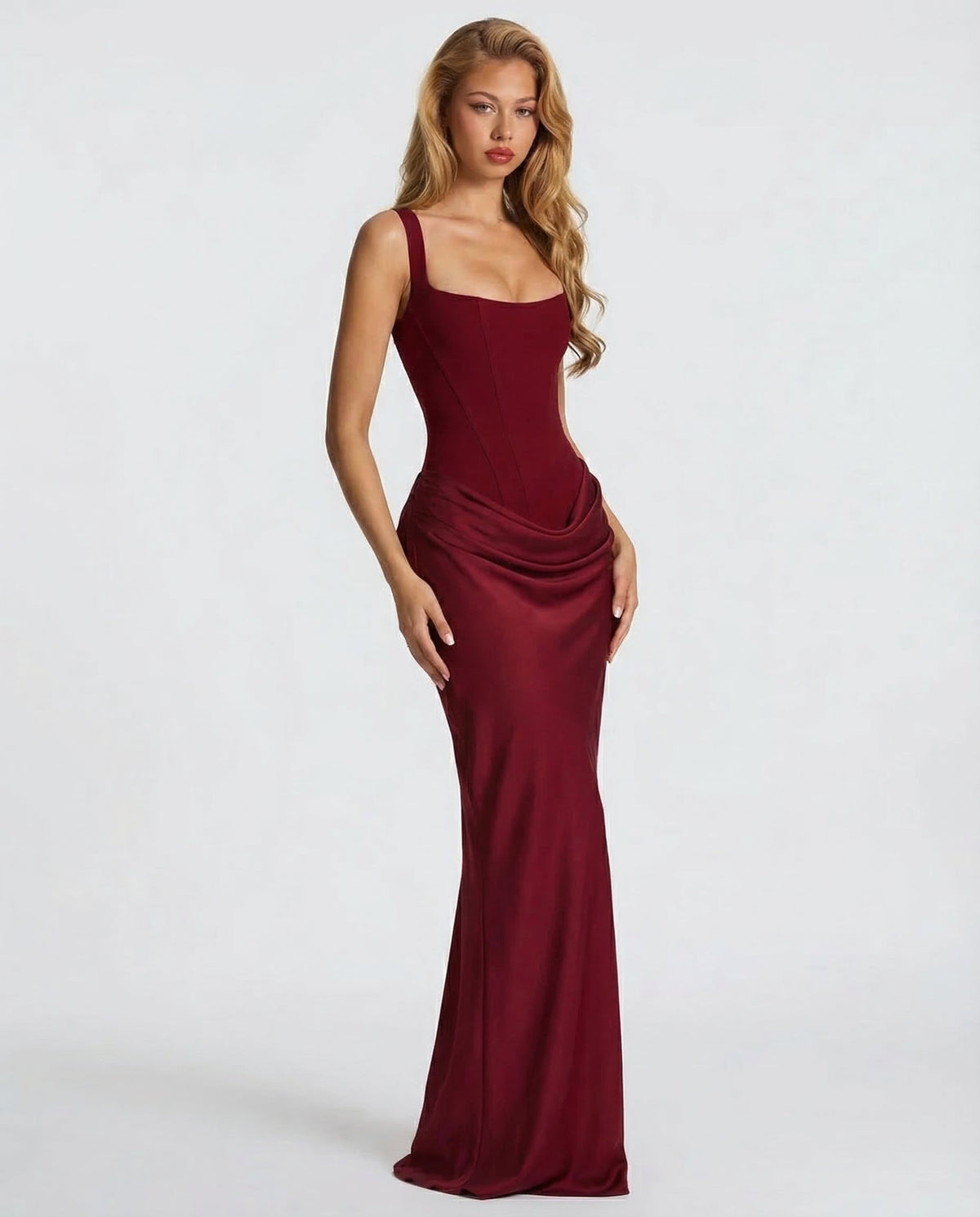 Formal dresses for women, square neck maxi dress with draped waist