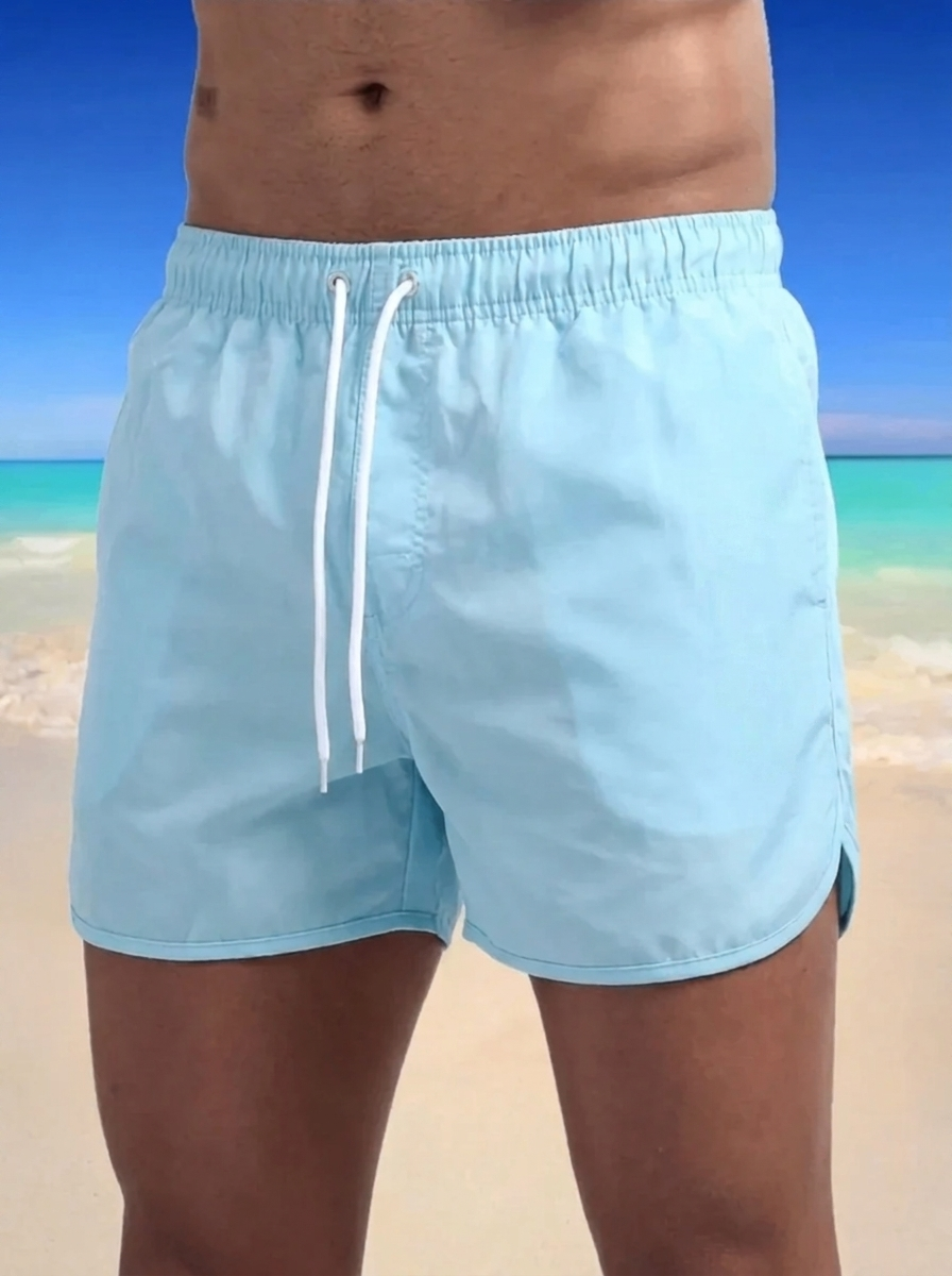 Board shorts for men with drawstring waist and curved hem