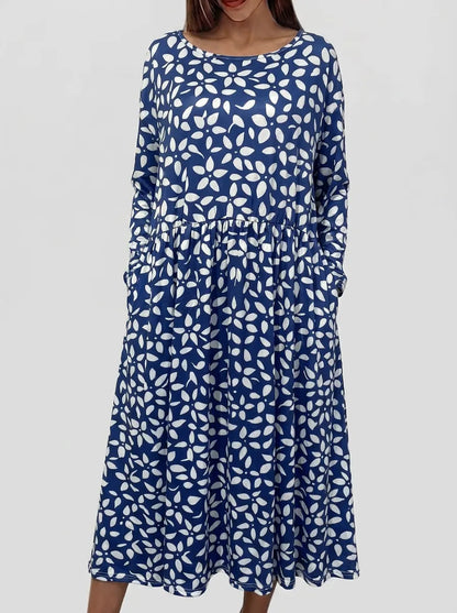 Round neck midi dress for women with long sleeves and pockets
