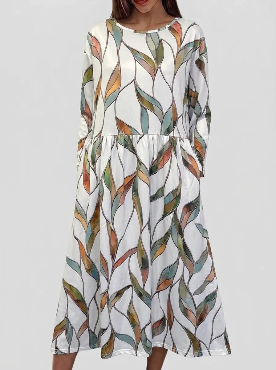 Round neck midi dress for women with long sleeves and pockets