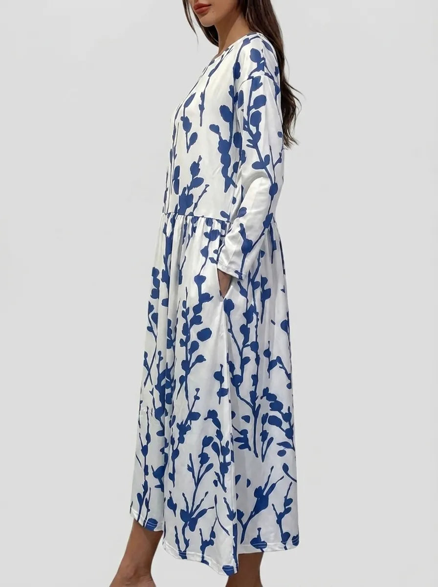 Round neck midi dress for women with long sleeves and pockets