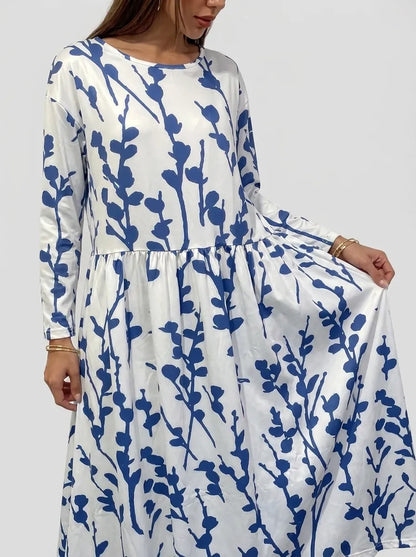 Round neck midi dress for women with long sleeves and pockets