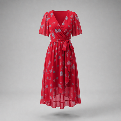 Summer dresses for women, floral V-neck midi dress with tie waist